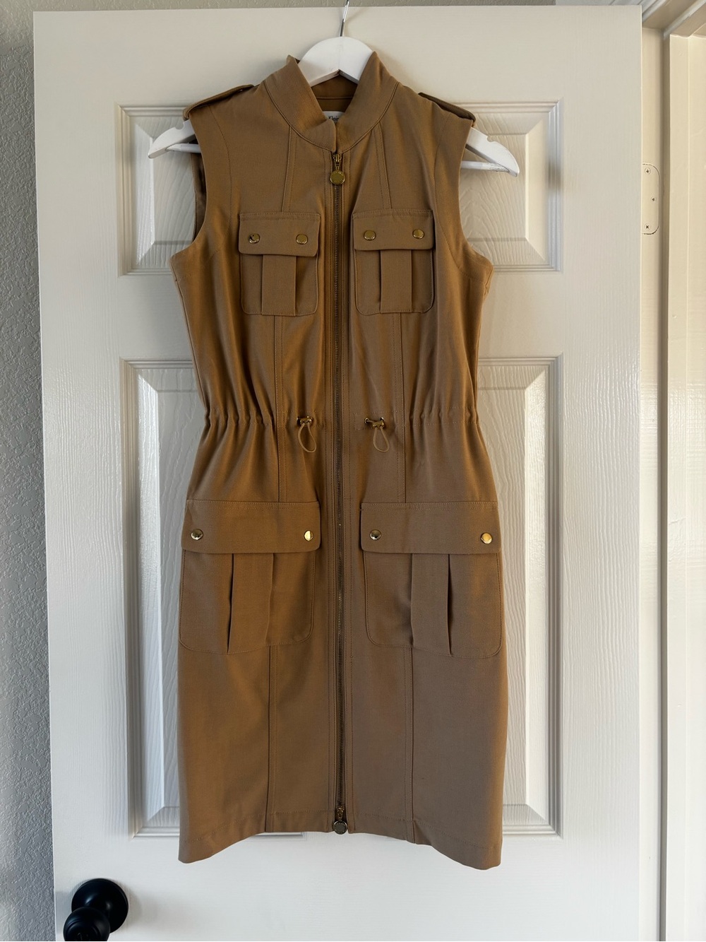 Calvin Klein Sleeveless Utility Dress Vest in Camel Brown